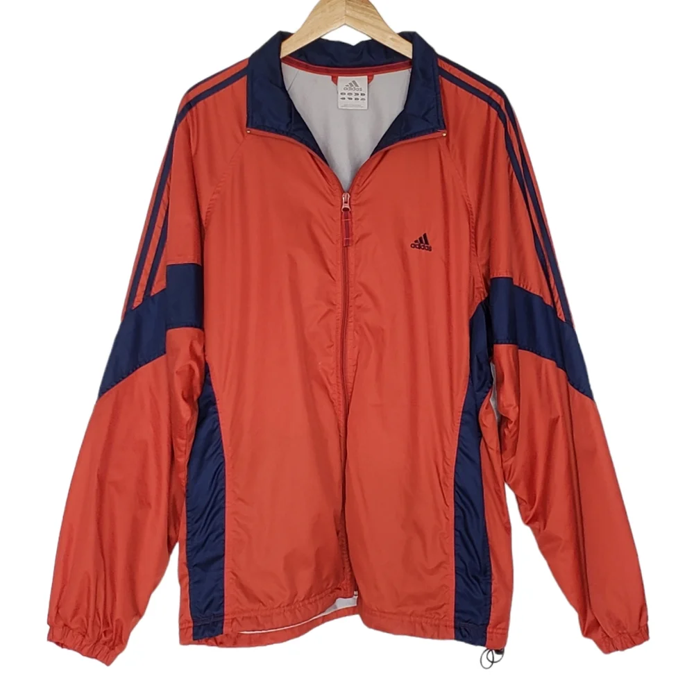 Vintage Adidas Windbreaker Jacket Men Size L Orange Blue Striped Full Zip Lined - Picture 2 of 11